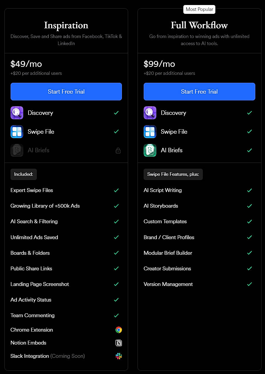 Pricing screenshot