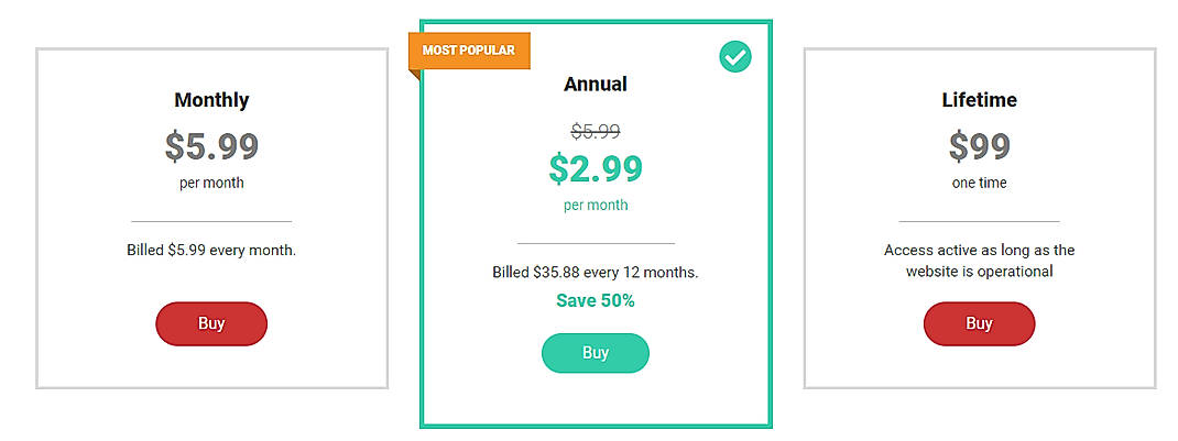 Pricing screenshot