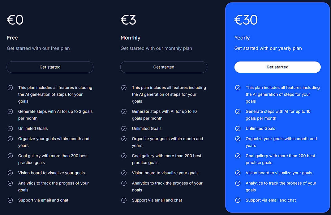 Pricing screenshot