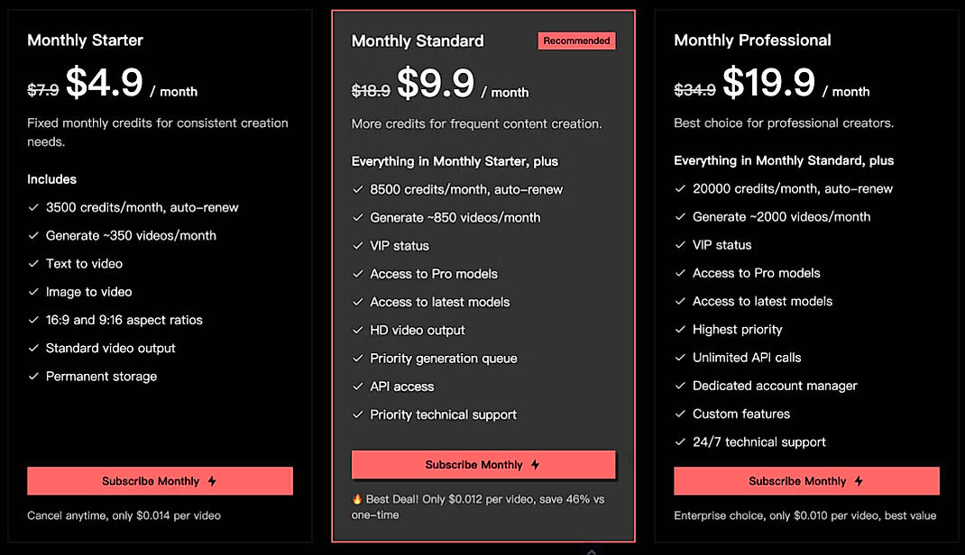 Pricing screenshot