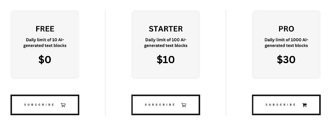 Pricing screenshot