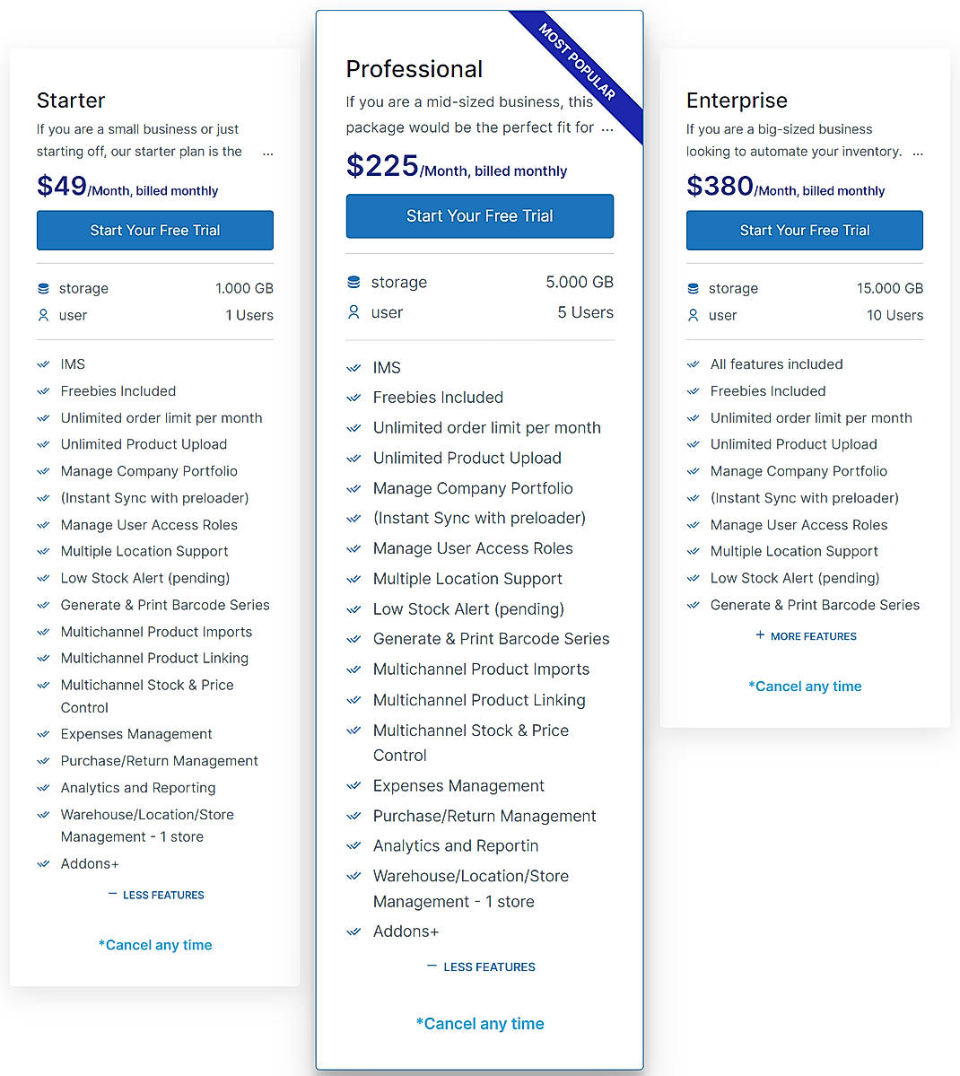 Pricing screenshot