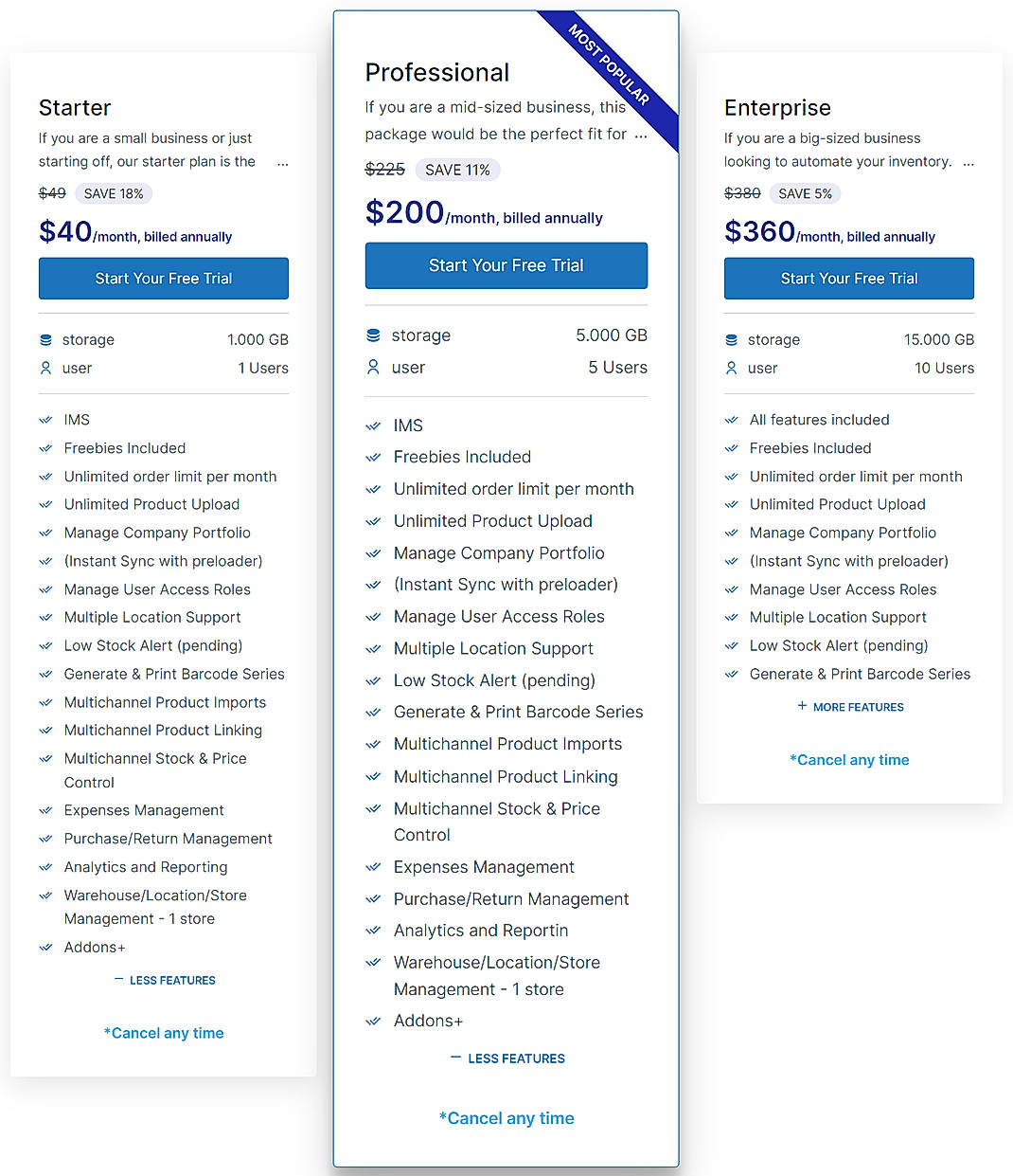 Pricing screenshot