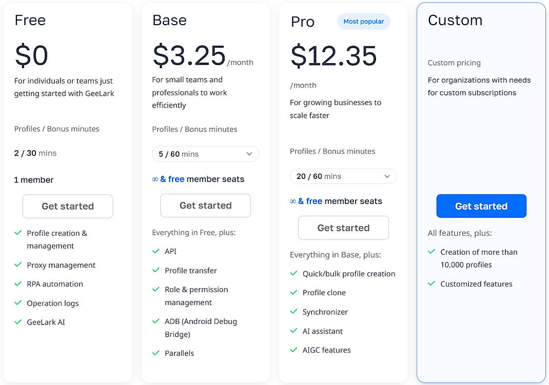 Pricing screenshot