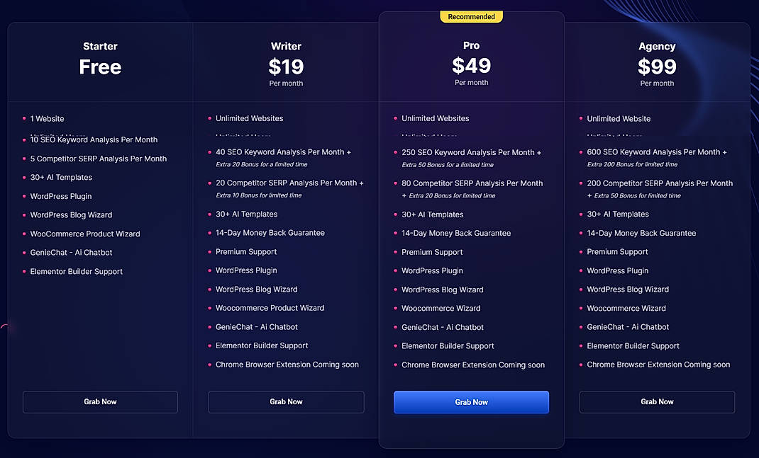 Pricing screenshot