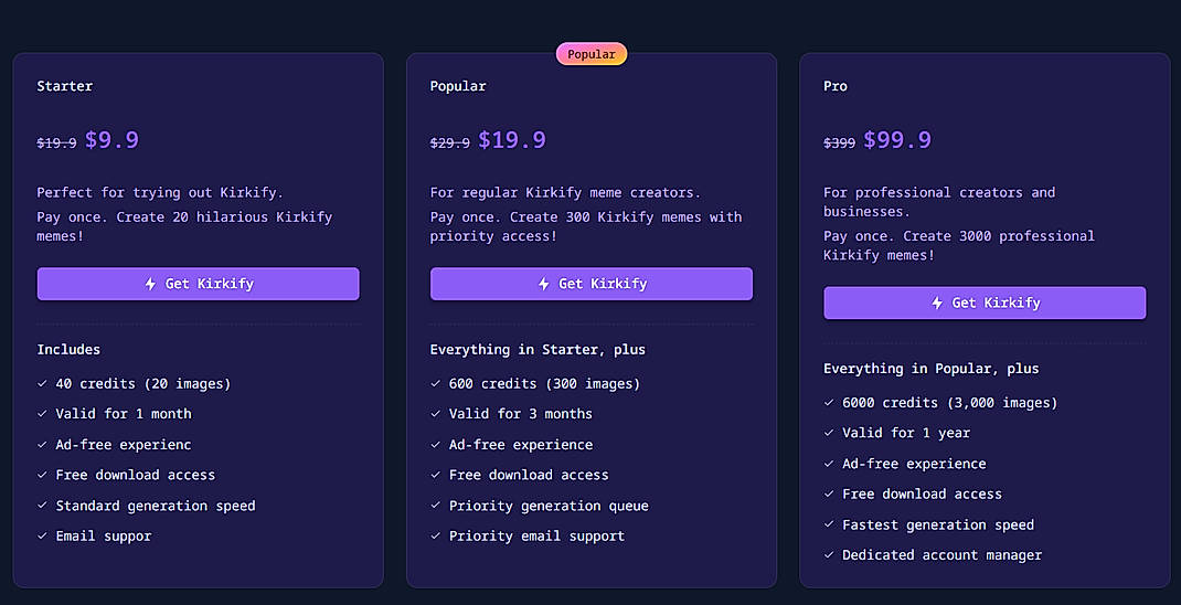 Pricing screenshot
