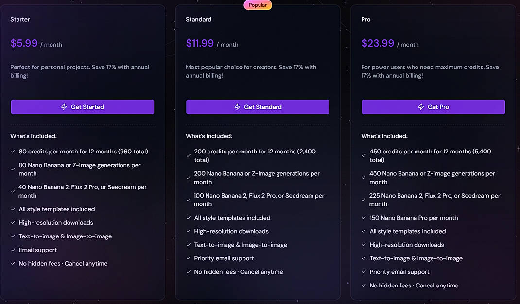 Pricing screenshot