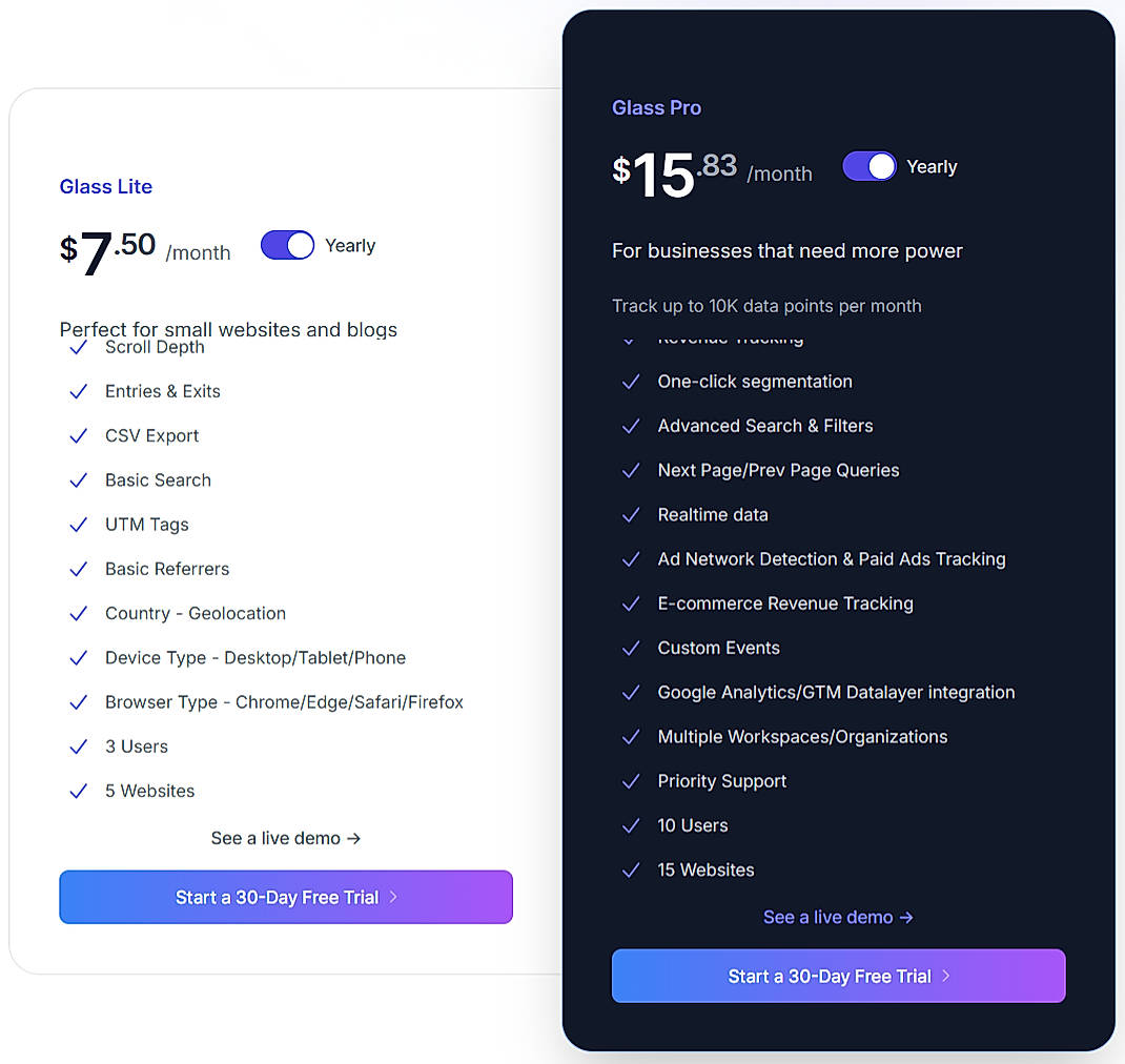 Pricing screenshot