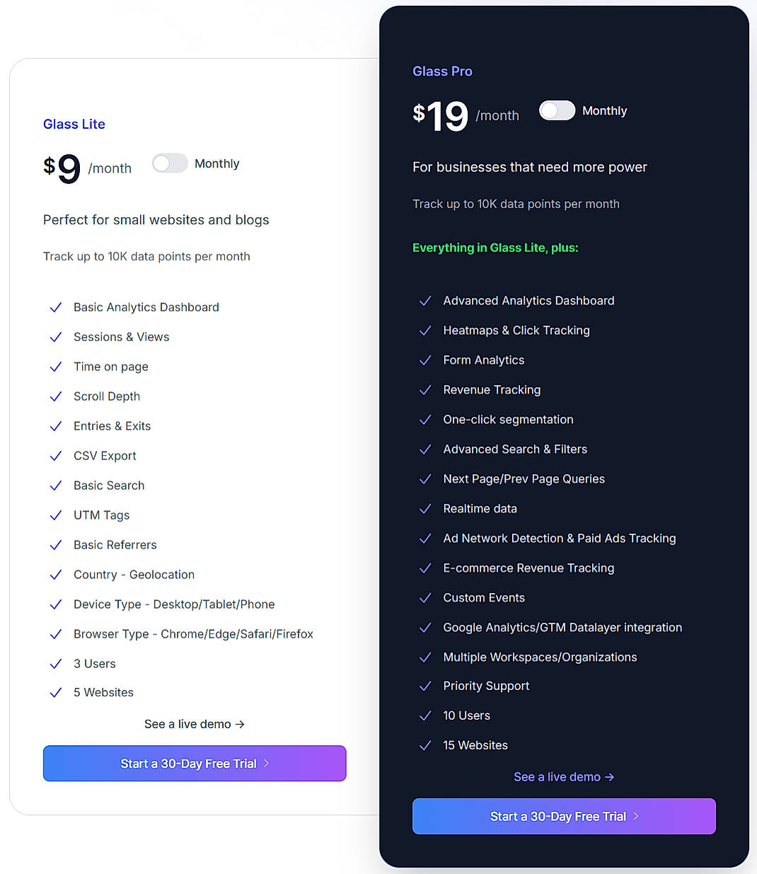 Pricing screenshot