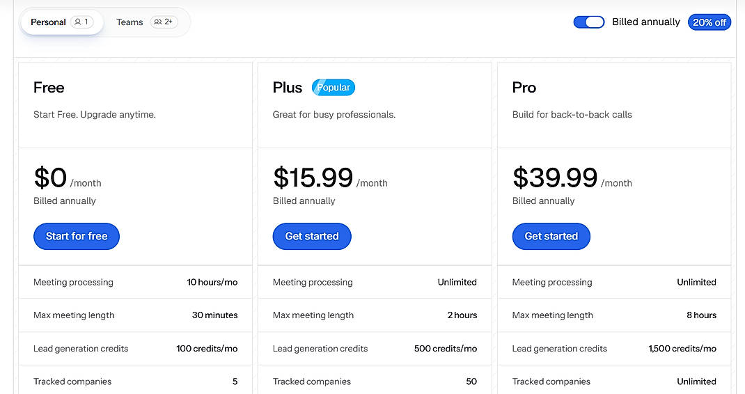 Pricing screenshot