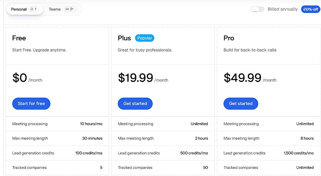 Pricing screenshot