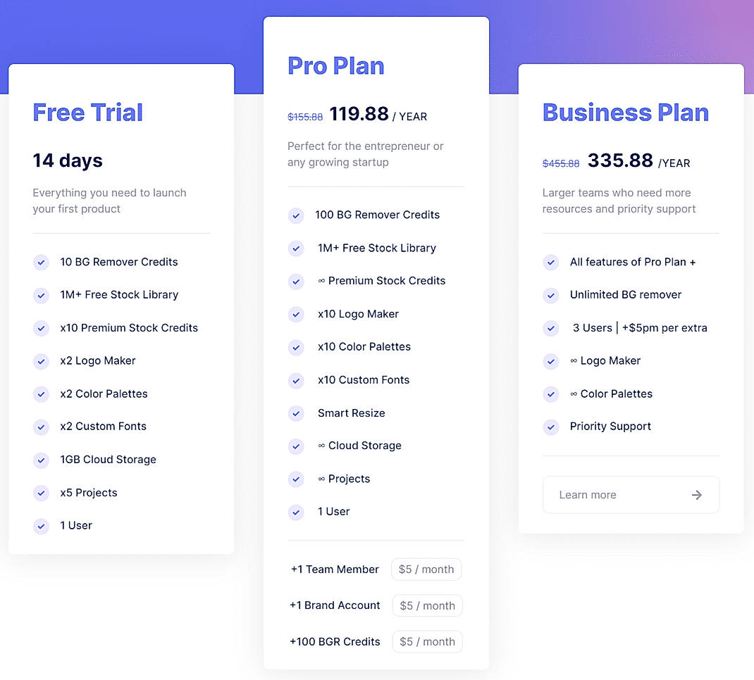 Pricing screenshot