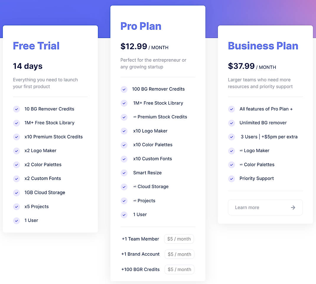 Pricing screenshot