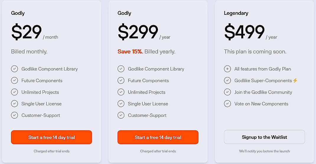 Pricing screenshot