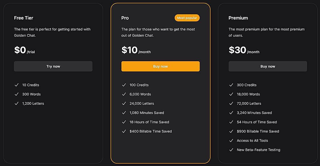 Pricing screenshot