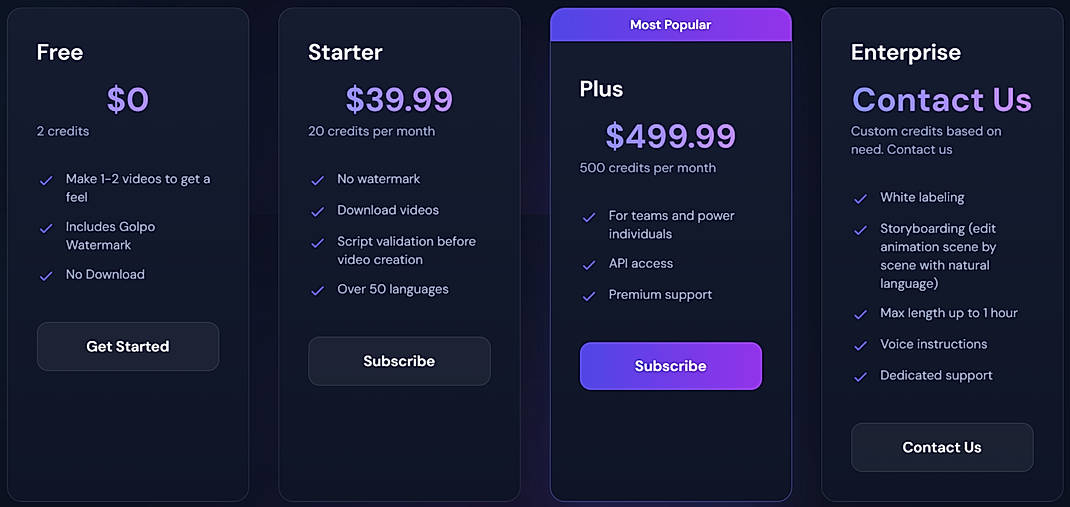 Pricing screenshot