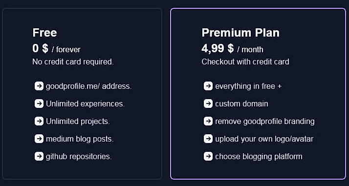 Pricing screenshot