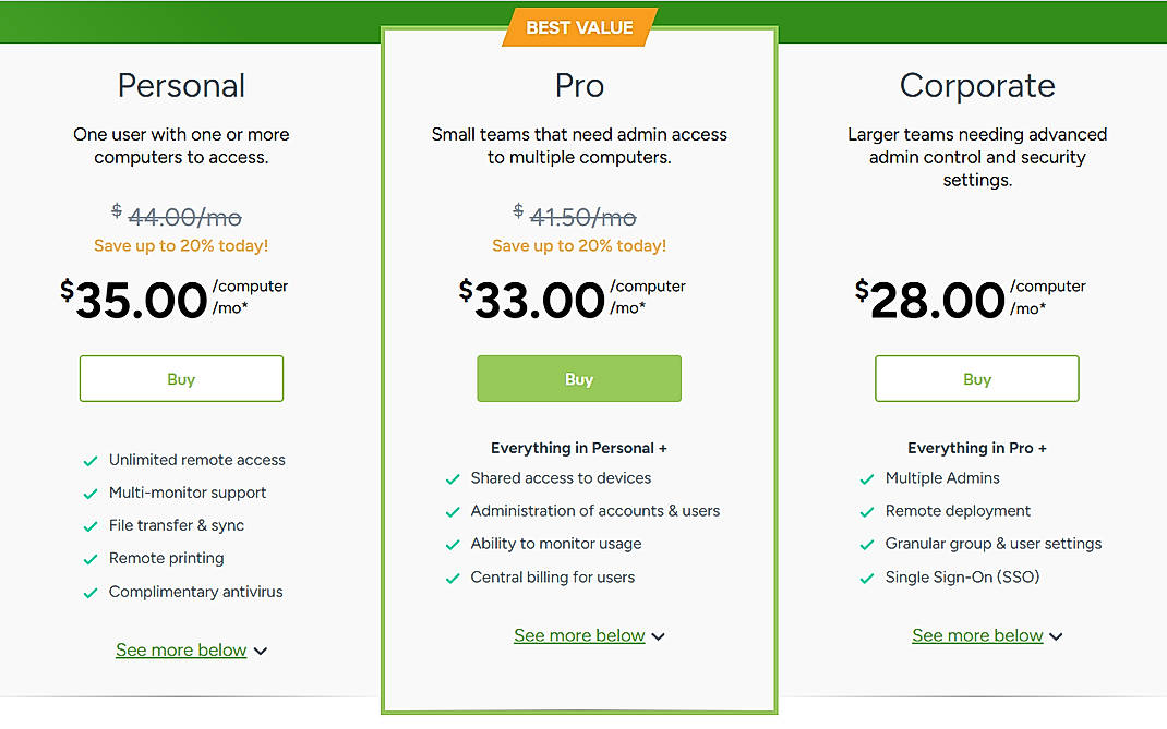 Pricing screenshot