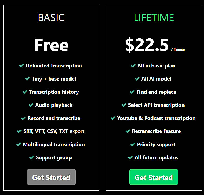 Pricing screenshot