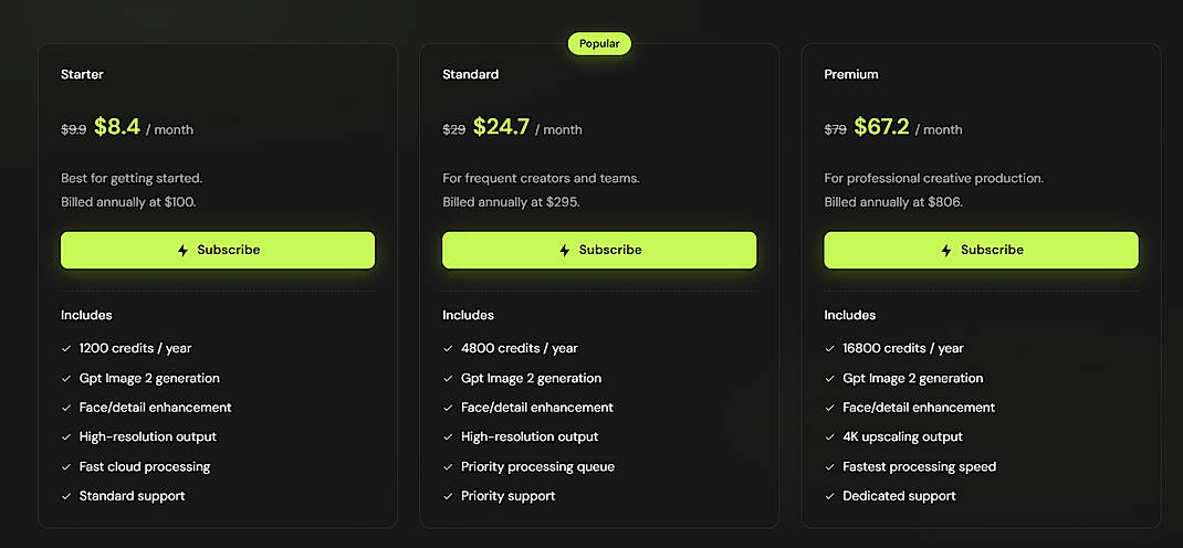 Pricing screenshot