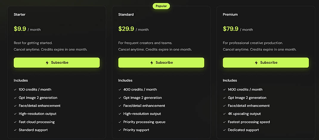 Pricing screenshot