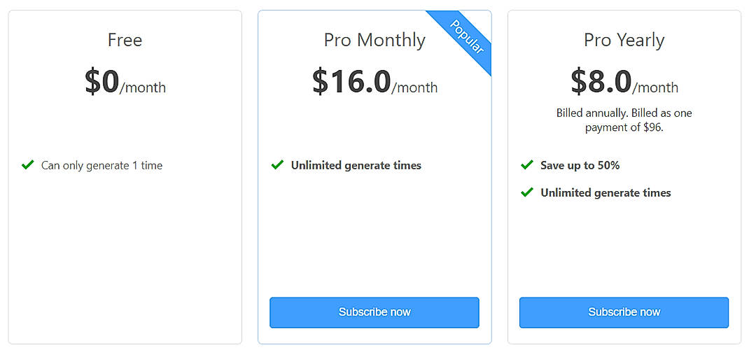 Pricing screenshot