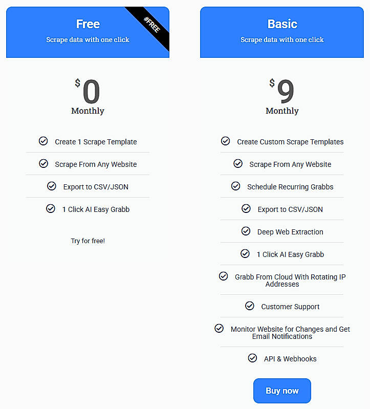 Pricing screenshot