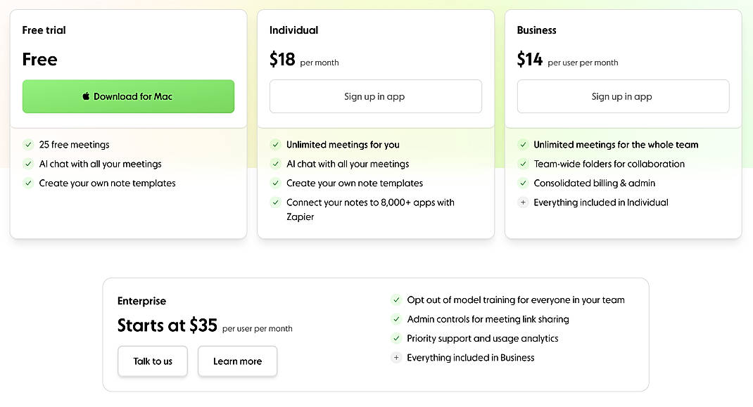 Pricing screenshot