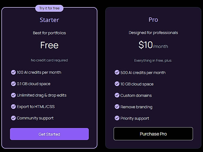 Pricing screenshot