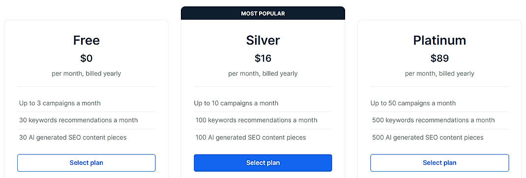 Pricing screenshot