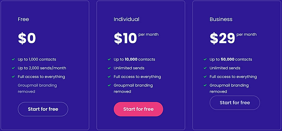 Pricing screenshot