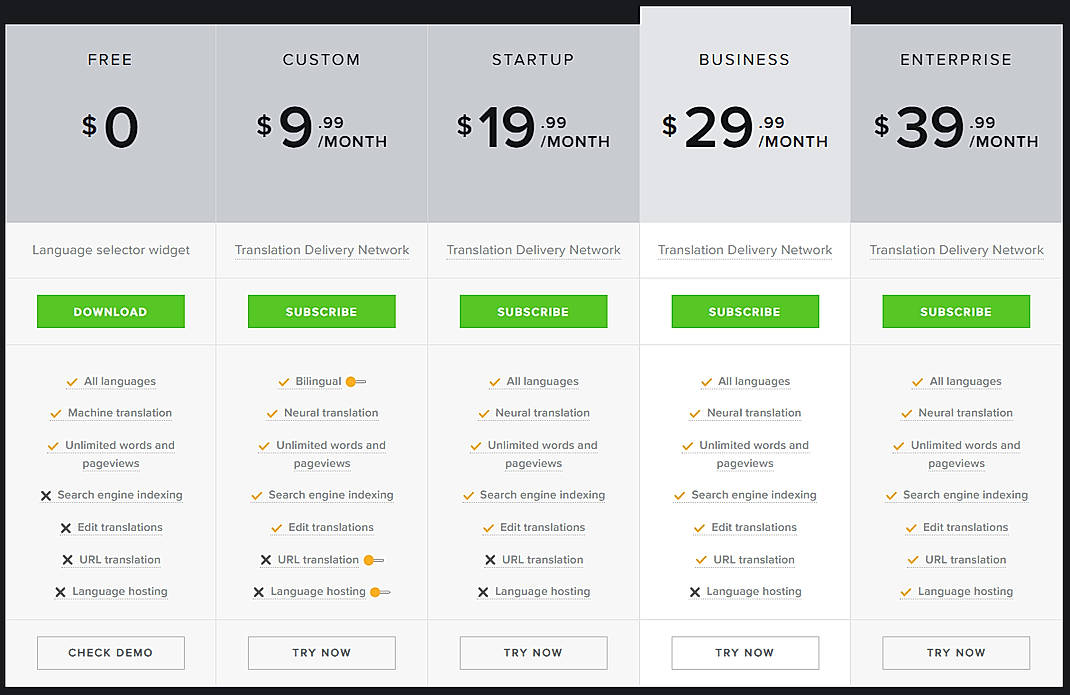 Pricing screenshot