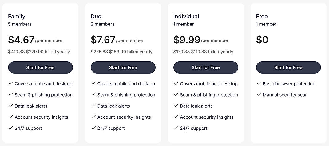 Pricing screenshot