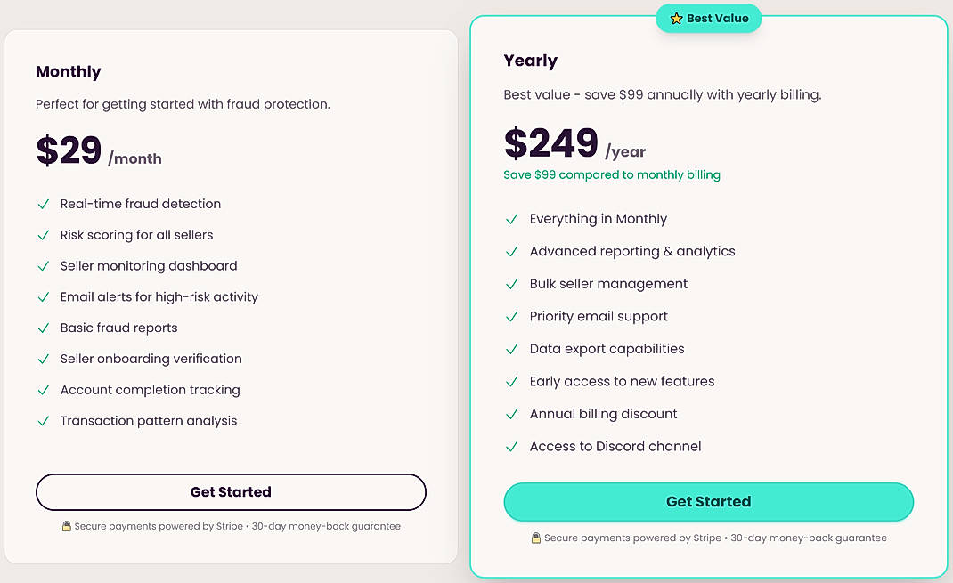 Pricing screenshot