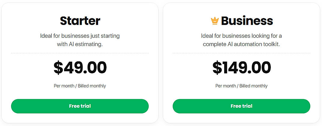 Pricing screenshot