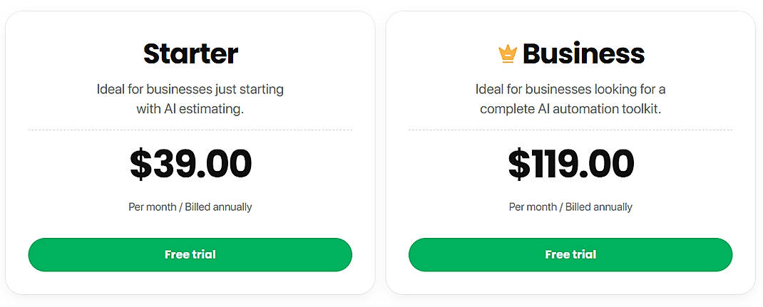 Pricing screenshot