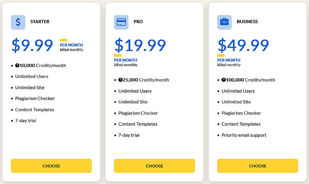 Pricing screenshot