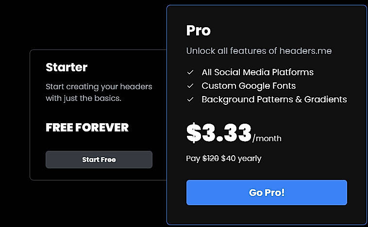Pricing screenshot