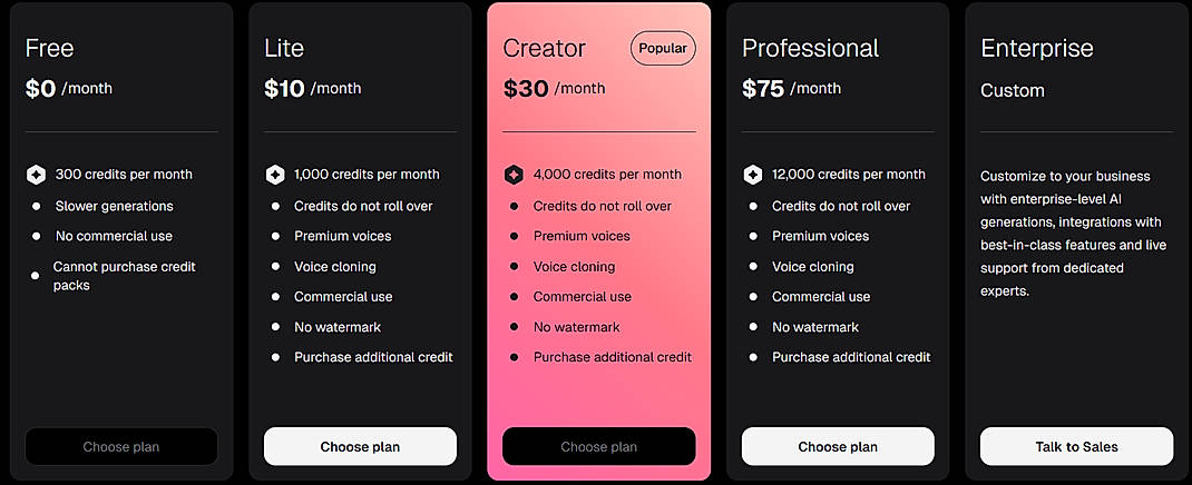 Pricing screenshot