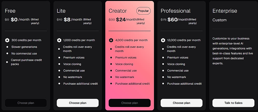 Pricing screenshot
