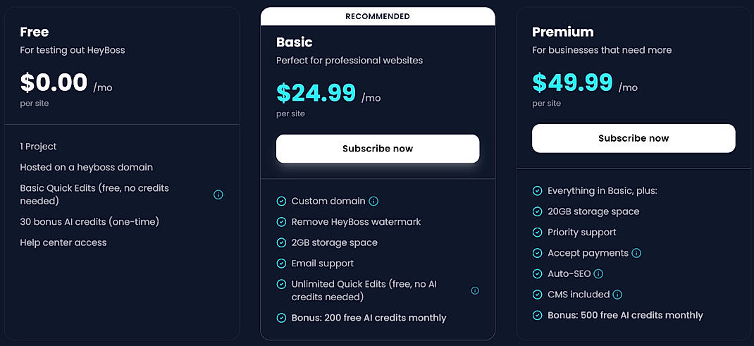 Pricing screenshot