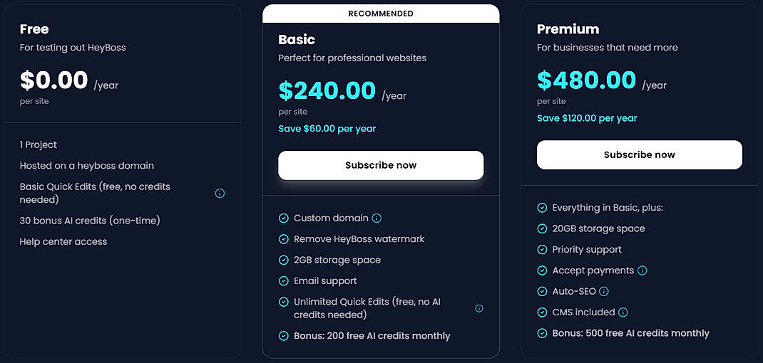 Pricing screenshot