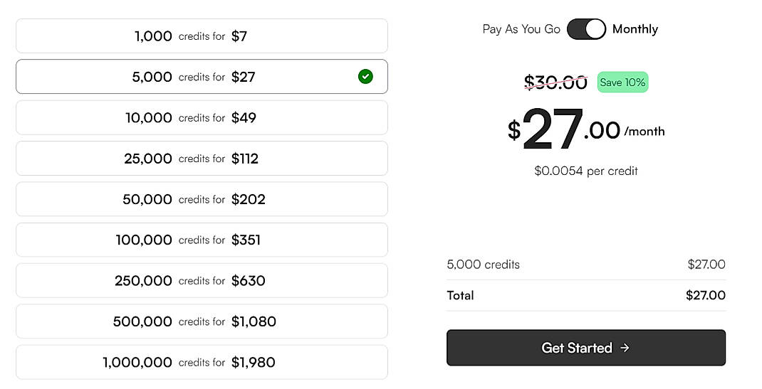 Pricing screenshot