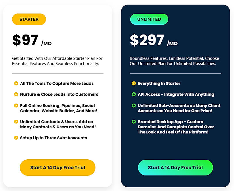 Pricing screenshot