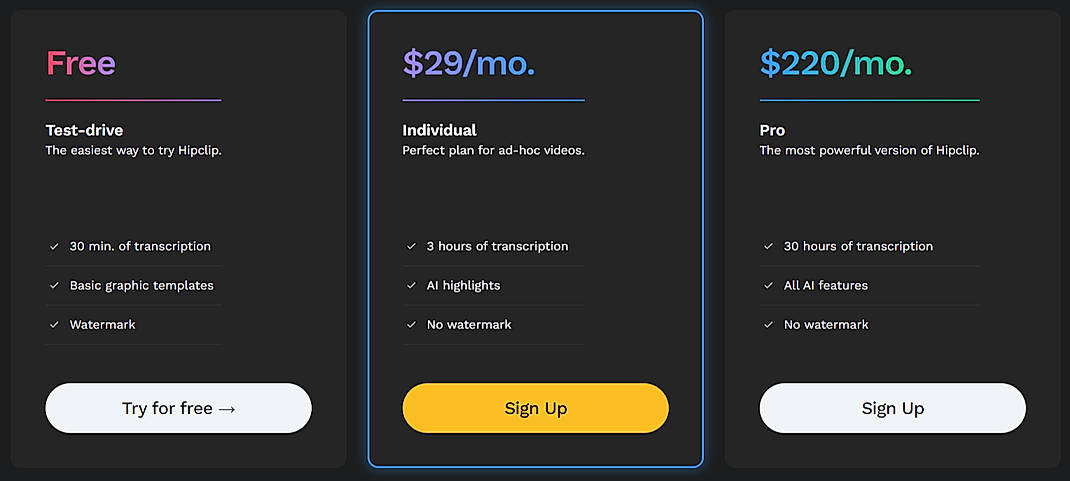 Pricing screenshot