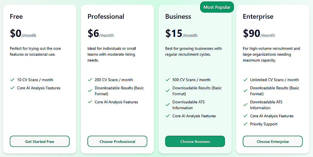 Pricing screenshot