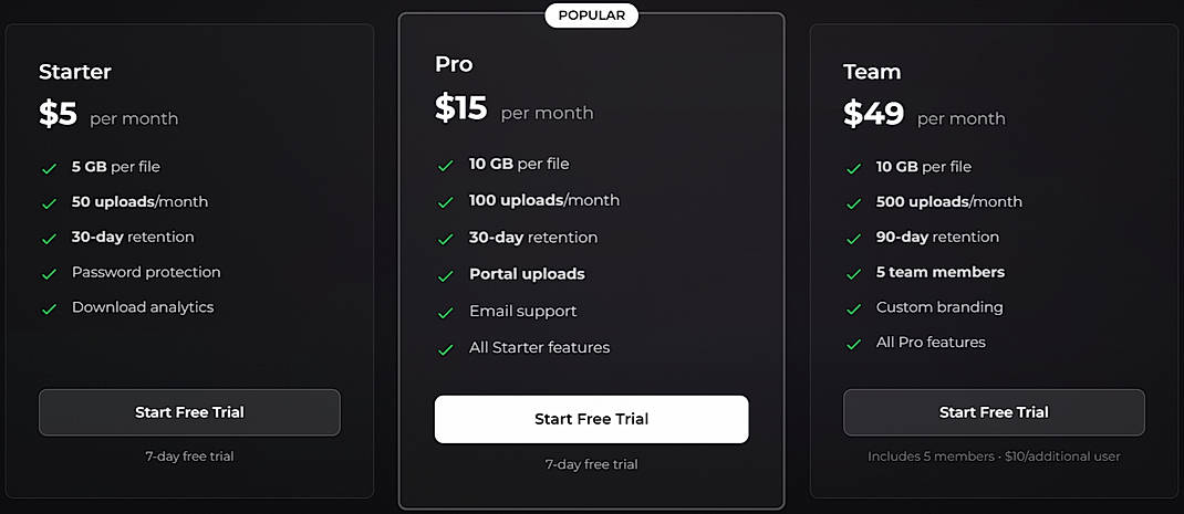 Pricing screenshot
