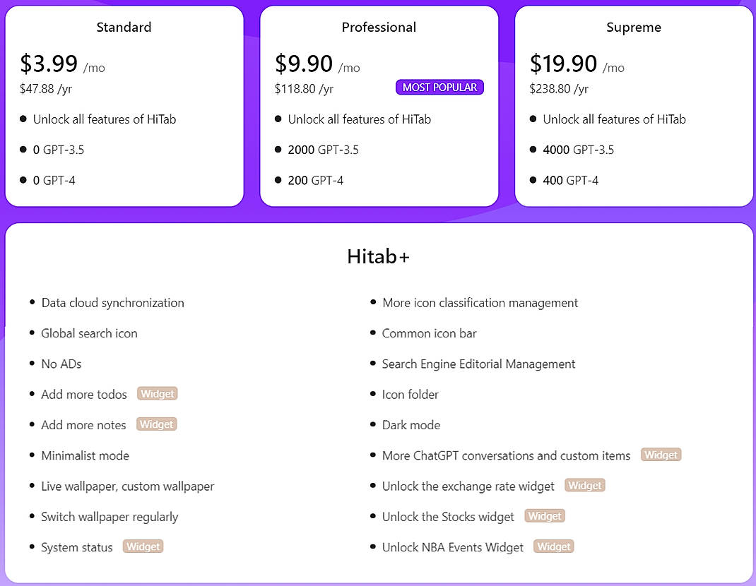 Pricing screenshot