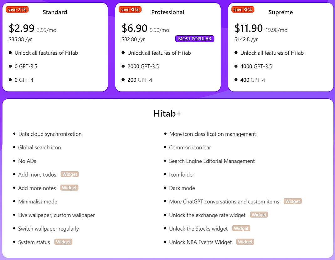 Pricing screenshot