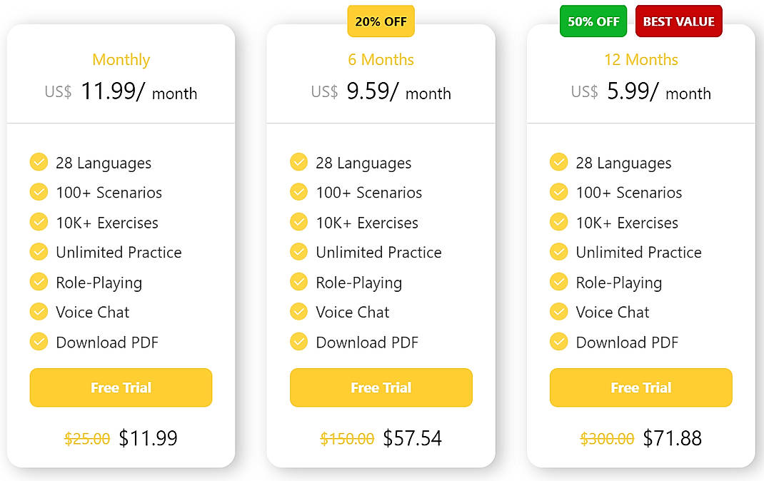 Pricing screenshot